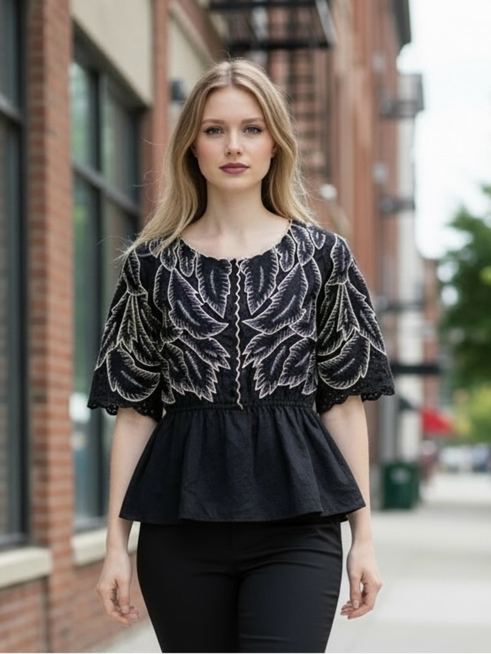 Maple by Same Old Rubies Embroidered Leaf Peplum Blouse Black Size 6